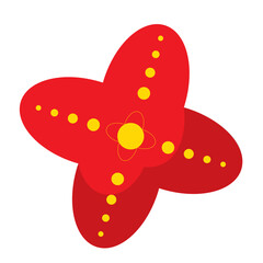 Vibrant red flower illustration with yellow accents and circular patterns on a white background