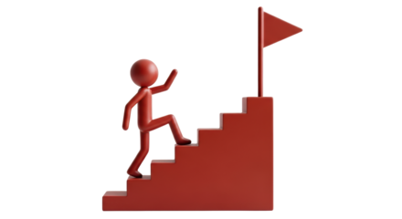 Isolated red figure climbing the stairs to achieve a goal, success and aspiration concept