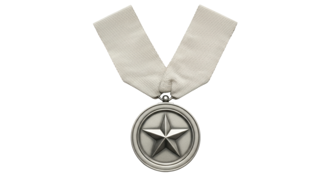 Isolated star medal with ribbon, honor award on achromatic backdrop; victory symbol