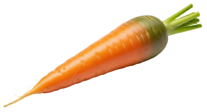 Isolated uncooked carrot with greens in healthy food concept, organic vegetable item, fresh produce