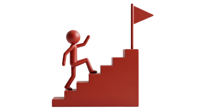 Isolated red figure climbing the stairs to achieve a goal, success and aspiration concept