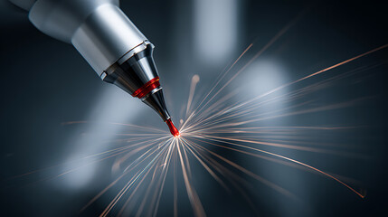 A close-up of a precision tool emitting sparks upon contact, highlighting high-energy interaction in a dark environment.