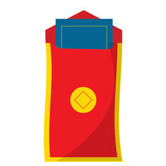 Colorful packaging design featuring a red bag with a blue insert and yellow accents