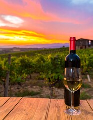 Fototapeta premium Wine glass and bottle at sunset over vineyards