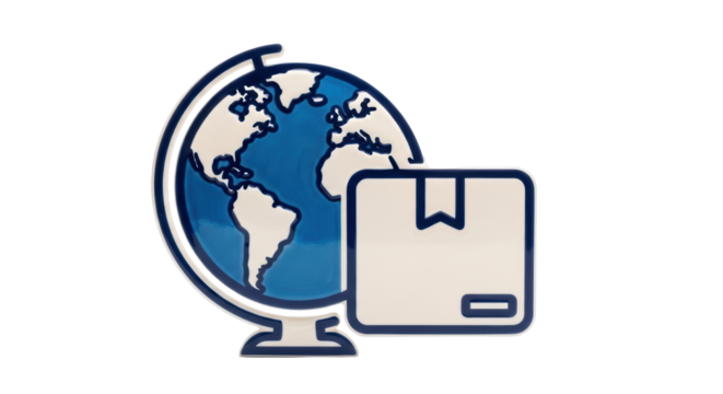 Isolated global shipping icon of globe with box, commercial business supply chain concept.