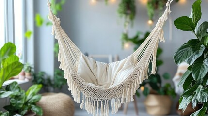 Fototapeta premium Cozy cream hammock, surrounded by greenery