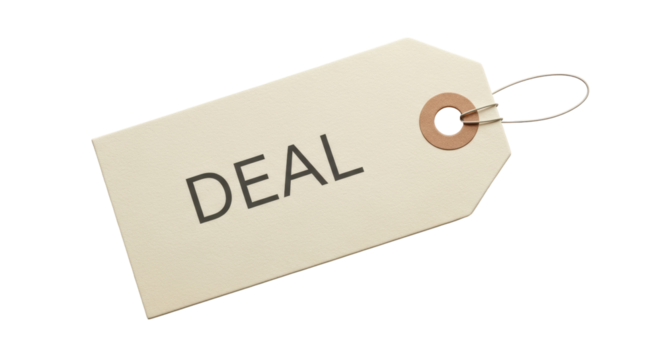 Isolated Deal Tag, Price Reduction, Sale, Markdown, Special Offer, Hanging Tag, Beige, Label, Discount