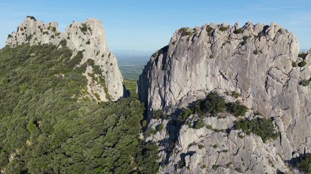 Aerial flyover above the Dentelles de Montmirail in Provence France at Le Mont Ventoux