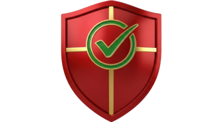 Isolated 3D security shield with check mark, protection system and guarantee concept