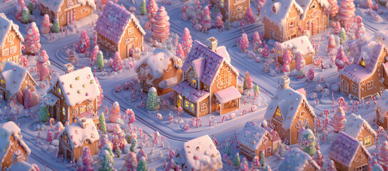 Festive gingerbread village decorated with colorful candies in a snowy landscape