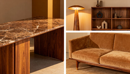 Modern interior design mood board collage. Luxury furniture details. Brown marble table, velvet sofa, and wooden shelving. Elegant home decor inspiration and concept for a warm living room.
