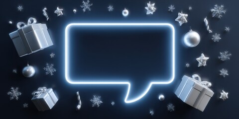 Glowing neon speech bubble surrounded by holiday gifts and decorations