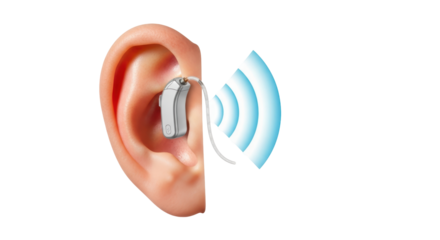 Isolated image of an ear with a hearing aid, showcasing modern hearing aid technology
