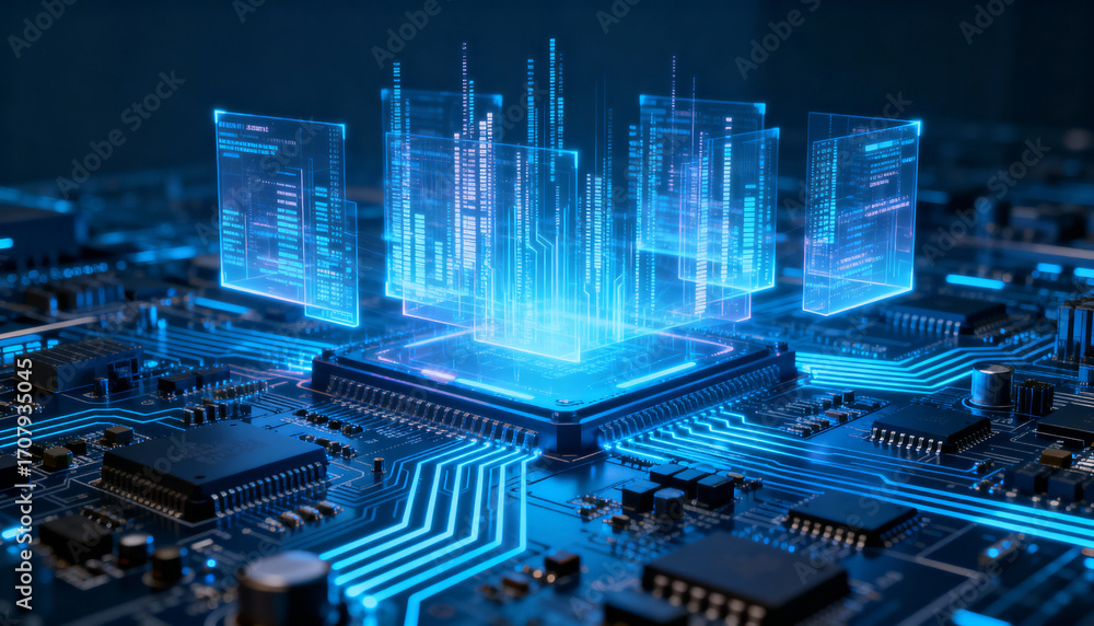 Poster high-tech circuit board with a cpu processor and holographic data streams. concept for ai, big data 