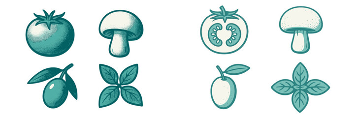 Stylized fresh organic tomatoes, mushrooms, olives, and basil leaves for healthy food and culinary concepts and designs