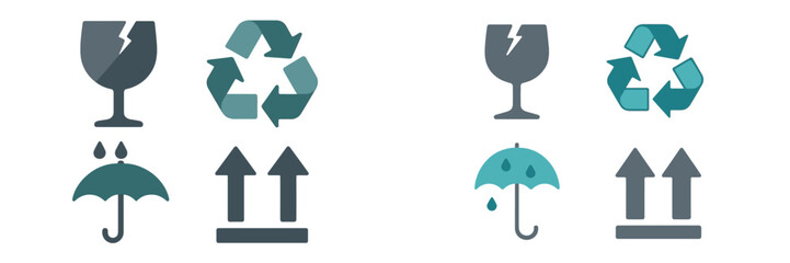 Collection of essential shipping and handling symbols for packaging fragile goods and environmental recycling