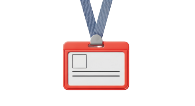 Isolated red badge holder with lanyard, name tag for events, meeting, exhibition display