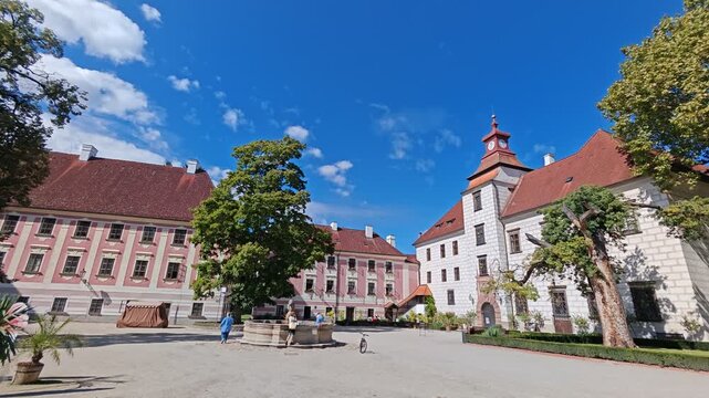 Aerial or street view of Trebon historic town center featuring its Renaissance castle and surrounding fishponds, a UNESCO biosphere reserve in South Bohemia.