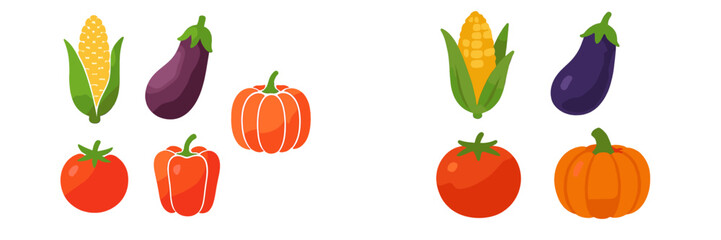 Colorful collection of fresh garden vegetables including corn, eggplant, pumpkin, tomato, and bell pepper