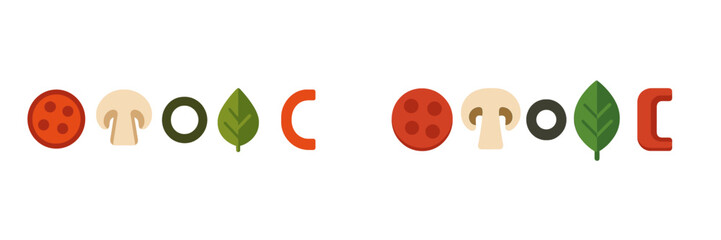 Assorted pizza ingredients including pepperoni slices, fresh mushrooms, black olives, green basil leaves, and red bell pepper pieces