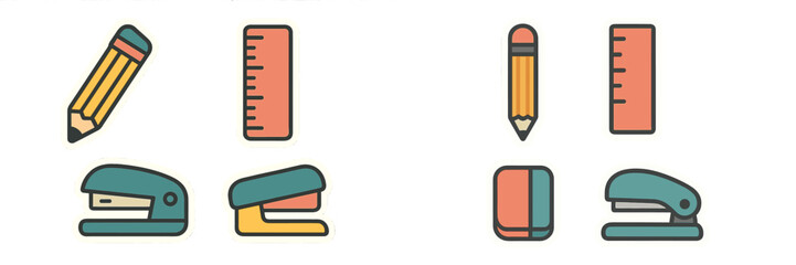 Colorful assortment of common school and office items including pencils, rulers, staplers, and an eraser on a clean white background