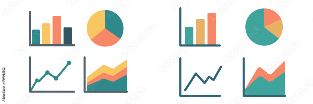 Poster collection of business data visualization charts including bar graphs, pie charts, line graphs, and 
