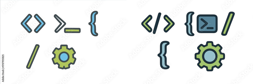 Fototapete collection of programming and web development interface icons including code brackets, command line,