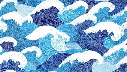 Seamless abstract design with overlapping ocean waves in blue tones
