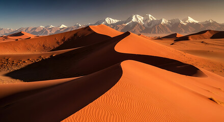 Tibetan desert with red sand dunes and distant snow-capped mountains