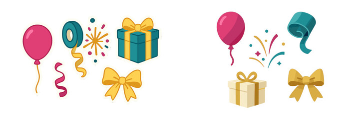 Vibrant party celebration elements featuring festive balloons, wrapped gift boxes, decorative bows, sparkling confetti, and curling streamers