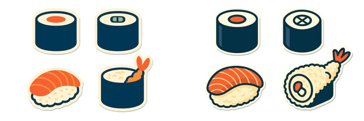 Delicious collection of traditional Japanese sushi and maki rolls including nigiri, uramaki, and tempura shrimp © icon_art
