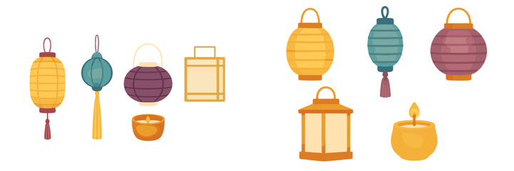 Assortment of decorative paper lanterns and lit candles for cultural celebrations and ambient lighting