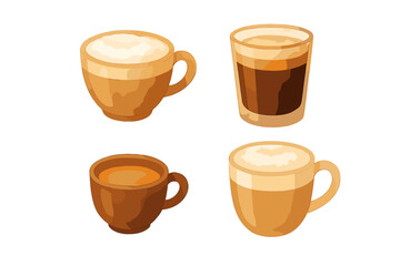 Assortment of coffee and espresso beverages in ceramic mugs and a clear glass cup with foam and layers