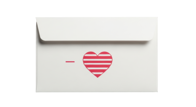Isolated envelope with red stripes shaped into a heart, cute love letter stationery item