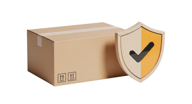 Isolated cardboard box and shield icon for secure delivery logistics, shipping supply chain