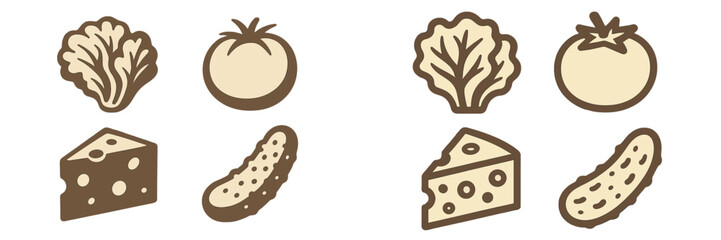 Stylized icons of fresh garden vegetables including lettuce and tomatoes with cheese and pickles for healthy diet and nutrition concepts