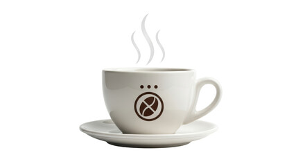 Isolated aromatic steaming coffee in cup on saucer with logo, warm cafe beverage break