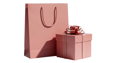 Isolated gift bag and present in muted coral tone create a sense of luxury and celebration