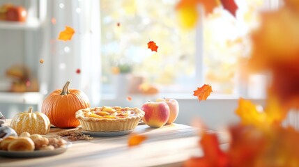 Fototapeta premium Autumn pumpkin feast with pie and leaves by a sunlit window