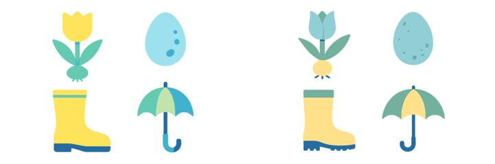 Colorful spring season elements with blooming tulips, speckled eggs, yellow rain boots, and open umbrellas