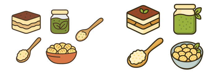 Assortment of sweet dessert, green pesto jar, wooden spoon, and bowl of gnocchi food icons for culinary themes
