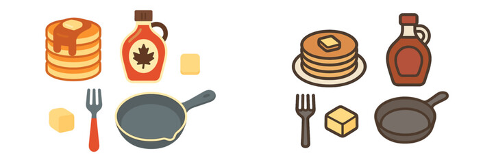 Delicious breakfast items including stacked pancakes with syrup, butter, and kitchen utensils like a frying pan and fork