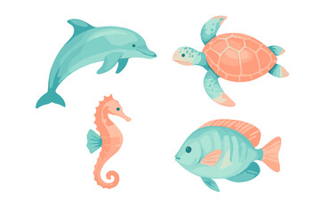 Charming watercolor style marine animals set with dolphin, sea turtle, seahorse, and tropical fish