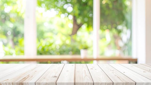 Light wood table with blurred green garden background seen through a window