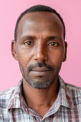 Obraz premium Portrait of an Ethiopian man on pink background for an ID or passport photo
