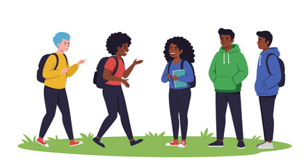 Fototapeta premium A diverse group of young students with backpacks talking and socializing together outdoors on the grass.