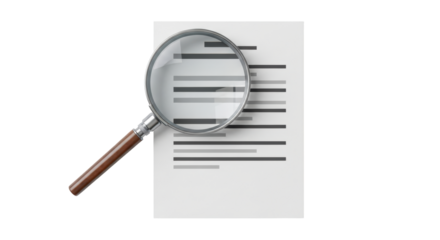 Isolated study of document research using magnifying glass and written text on paper