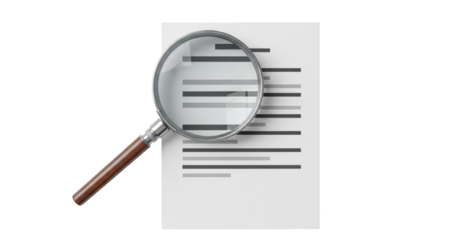 Isolated study of document research using magnifying glass and written text on paper