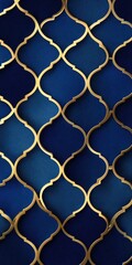 Fototapeta premium An elegant pattern of gold arabesque shapes on a deep blue background creates a luxurious, repeating geometric design with a subtle ombre effect