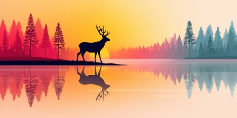 Deer silhouette against a scenic sunset reflecting over a calm lake